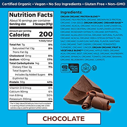 Orgain Chocolate Sport Plant-Based Protein Powder, Made with Organic Turmeric, Ginger, Beets, Chia Seeds, Cherry, Brown Rice and Fiber, Vegan, Non GMO - 2.01 lbs (Packaging May Vary)