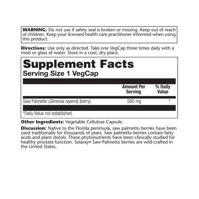 Solaray Saw Palmetto Berry 580mg | Healthy Prostate Support from Fatty Acids & Plant Sterols | Non-GMO, Vegan & Lab Verified | 180 VegCaps - Vitamins Emporium