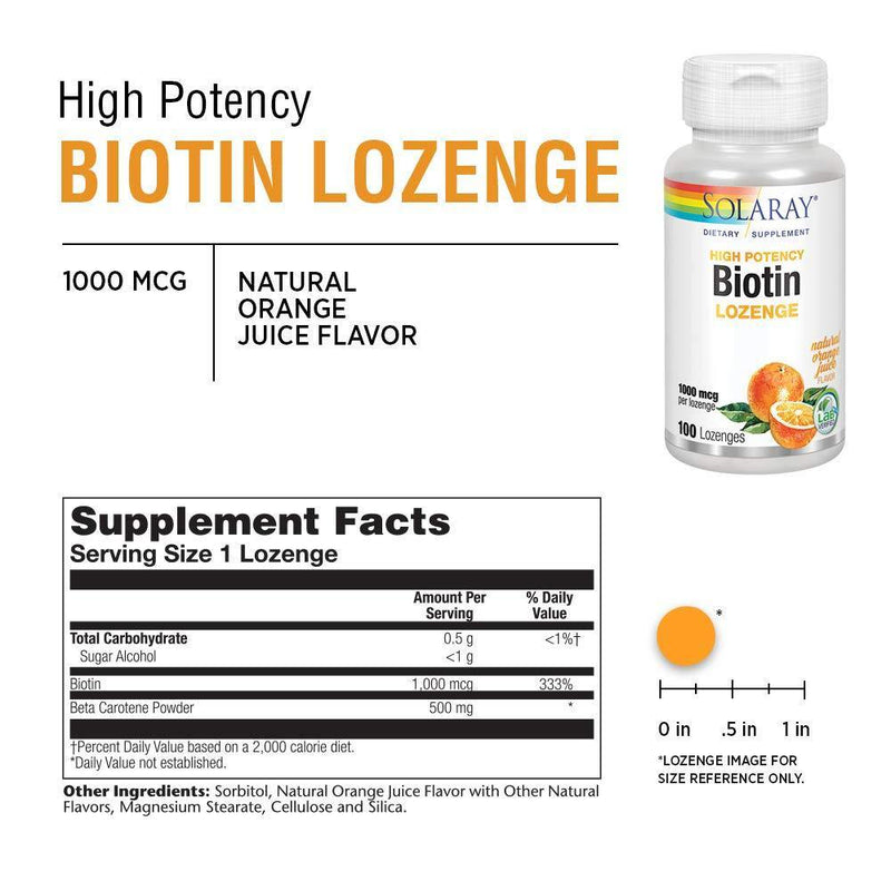 Solaray Biotin Lozenge Supplement, Orange, 1000 mcg, 100 Count - Vitamins Emporium