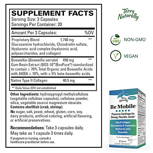 Terry Naturally Be Mobile - 60 Capsules –Joint Support Supplement – Type II Collagen, Glucosamine, Chondroitin, Hyaluronic Acid, Boswellia, Non-GMO, Gluten-Free - 20 Servings