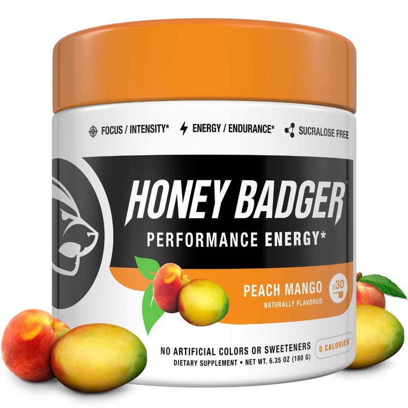 Honey Badger Vegan Keto Pre Workout | Peach Mango | Natural Paleo Sugar Free Plant-Based Energy Supplement Nootropics Amino Acids Nitric Oxide Sucralose Free + Non-Habit Forming | 30 Servings - Vitamins Emporium