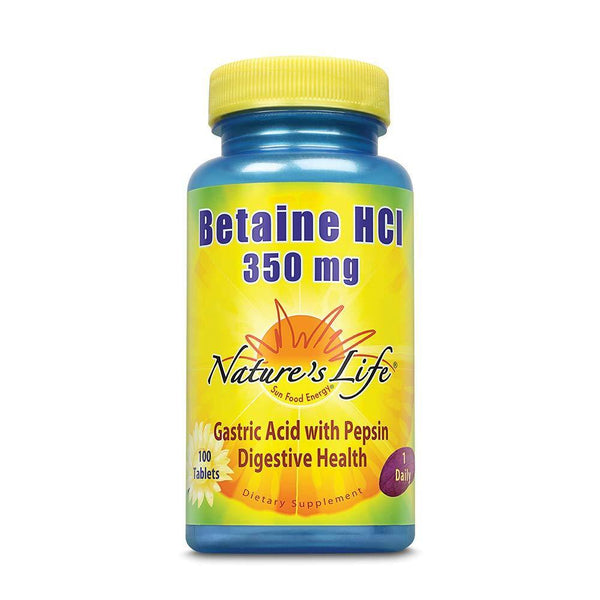 Nature's Life Betaine HCL Supplement 350 mg | Includes 150mg of Pepsin | Healthy Digestive Function Support | 100 Tablets - Vitamins Emporium