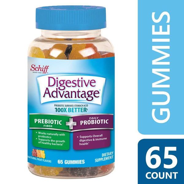 Daily Prebiotic Fiber + Probiotic Gummy - Digestive Advantage 65 Gummies, Survives 100x Better, Lessens Bloating, Promotes Digestive Health and Gut Flora, Assorted Fruit Flavors, Gluten Free - Vitamins Emporium