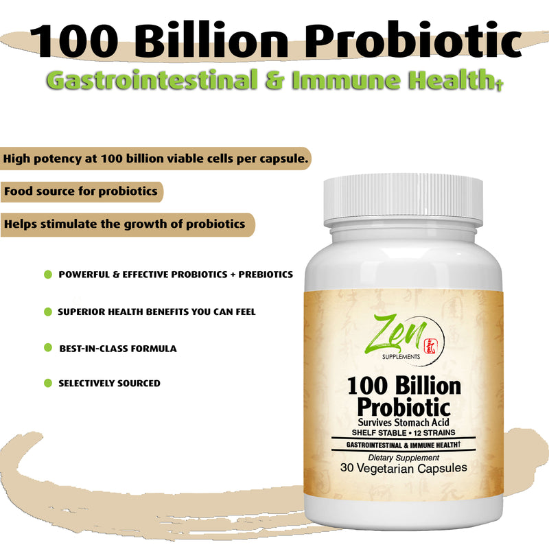 100 Billion Probiotic CFU with 12 Strains 30-Vegcaps - Sustained Release Technology, Resist Stomach Acid, Shelf Stable - Support for Healthy Digestion & Intestinal Ecology Favorable Intestinal Flora