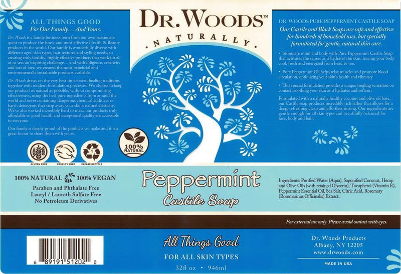 Dr. Woods Pure Peppermint Liquid Castile Soap, 32 Ounce (Pack of 3) - Vitamins Emporium
