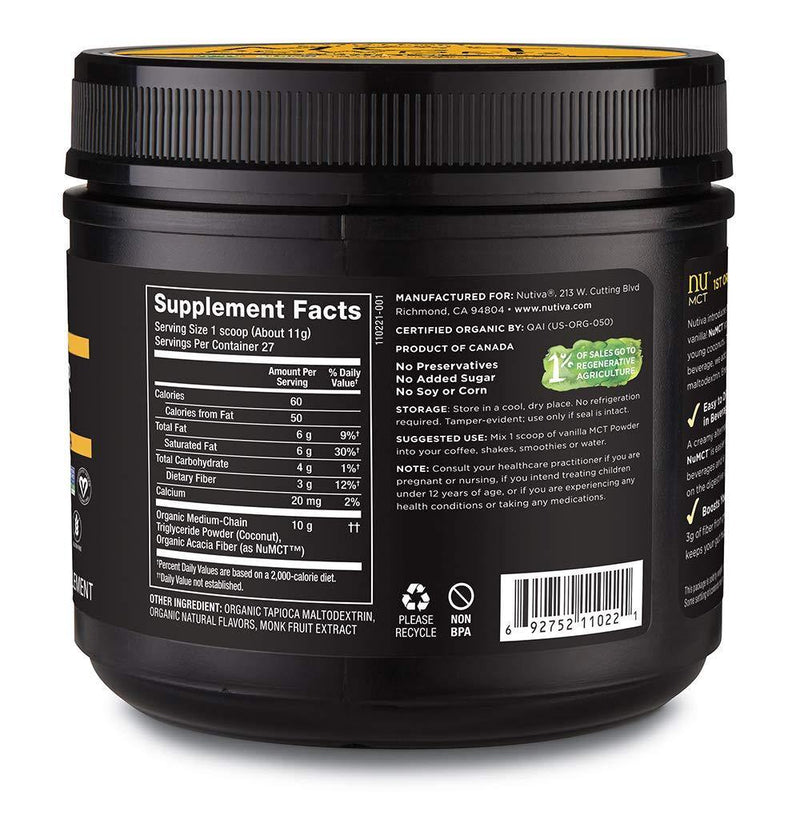 Nutiva Organic MCT Powder with Prebiotic Acacia Fiber, Vanilla, 10.6 Ounce - Vitamins Emporium