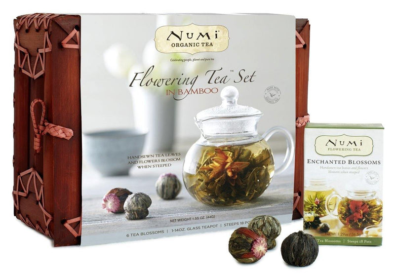 Numi Organic Tea Flowering Tea Gift Set, 6 Tea Blossoms with 16 Ounce Glass Teapot in Elegant Bamboo Case (Packaging May Vary) - Vitamins Emporium