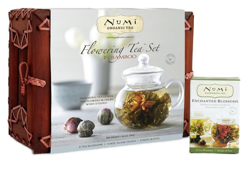 Numi Organic Tea Flowering Tea Gift Set, 6 Tea Blossoms with 16 Ounce Glass Teapot in Elegant Bamboo Case (Packaging May Vary) - Vitamins Emporium