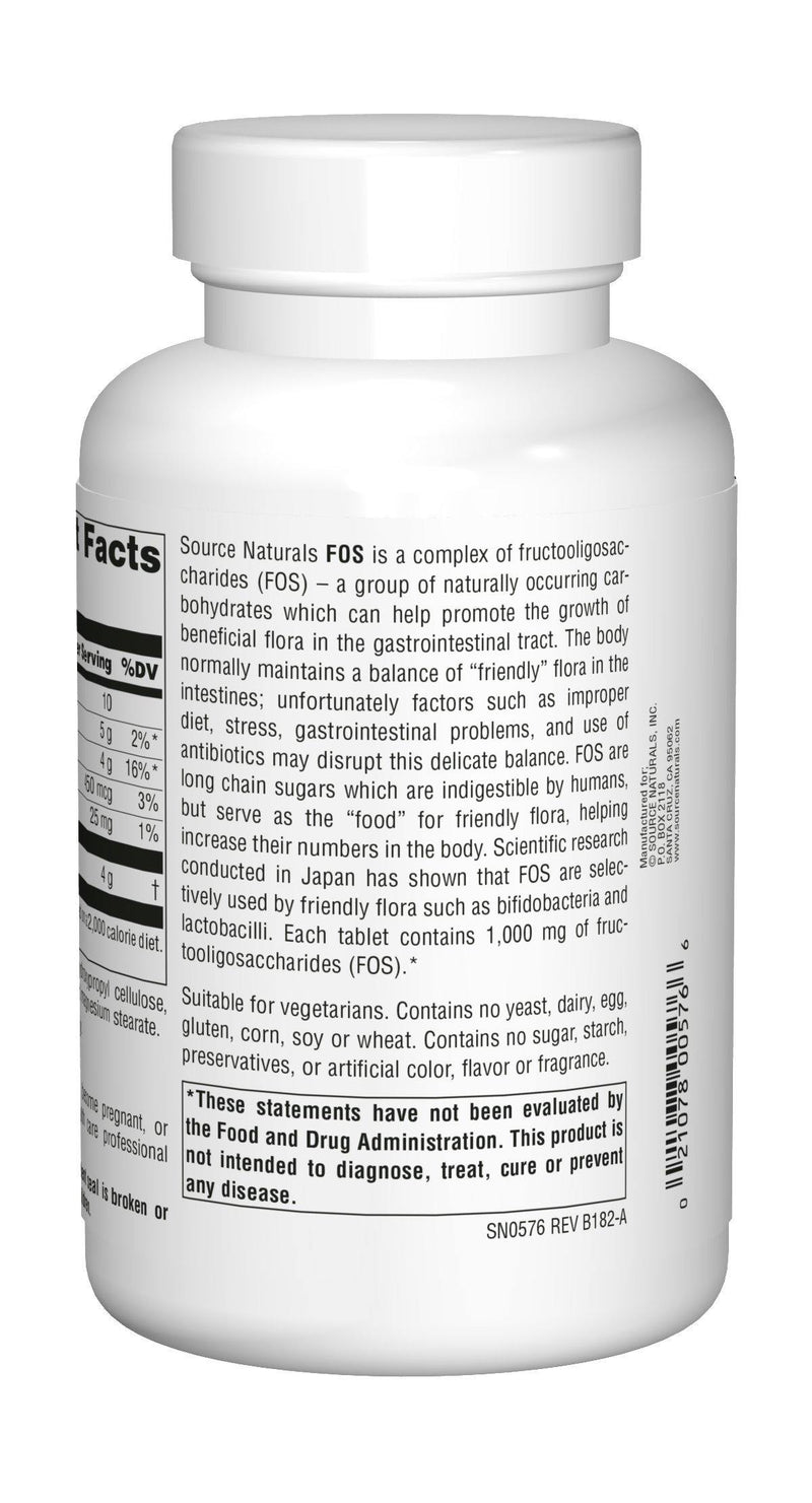 Source Naturals FOS (Fructooligosacchairdes) 1000mg Probiotic Enhancer - Prebiotic Supplement - Natural - 200 Tablets - Vitamins Emporium