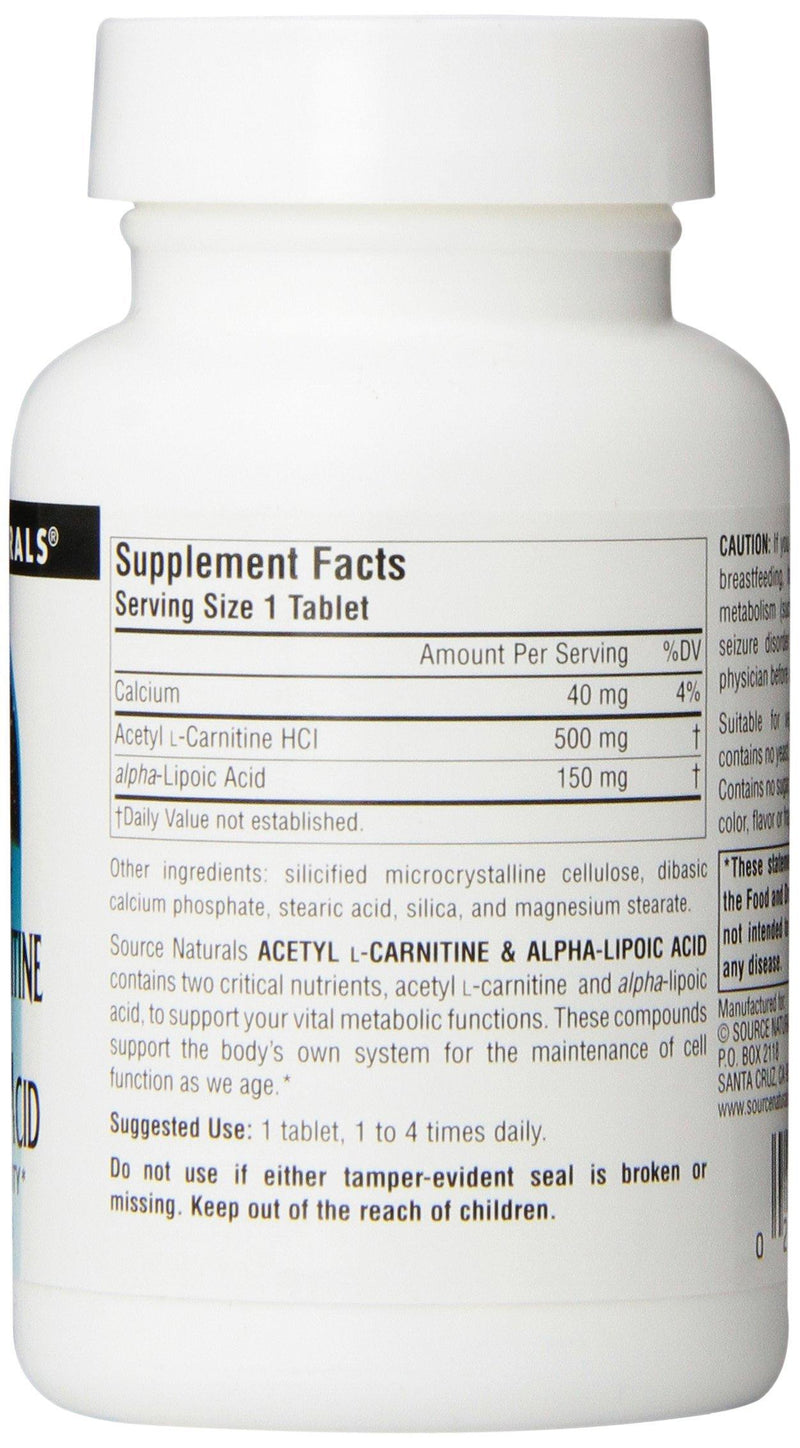 Source Naturals Acetyl L-Carnitine and Alpha-lipoic Acid, 650mg, 60 Tablets - Vitamins Emporium