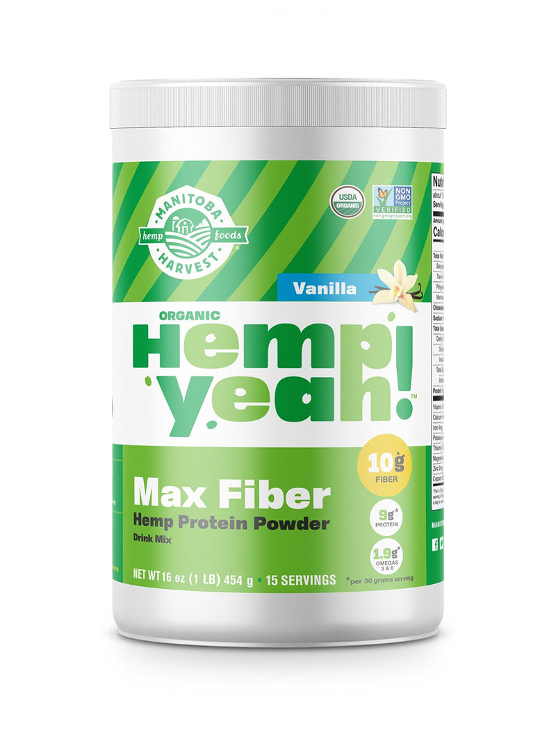 Manitoba Harvest Hemp Yeah! Organic Max Fiber Protein Powder, Vanilla, 16oz; with 10g of Fiber, 9g Protein and 1.9g Omegas 3&6 per Serving, Preservative Free, Non-GMO - Vitamins Emporium