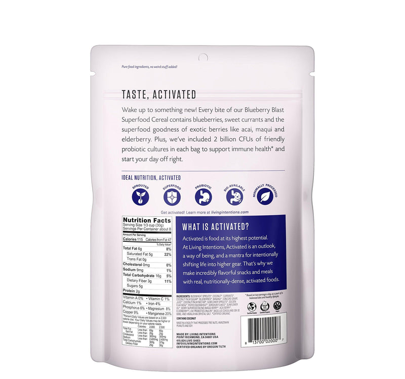Living Intentions Activated Superfood Cereal, Gluten Free, Vegan, Organic, Blueberry Blast, 9 Ounce - Vitamins Emporium