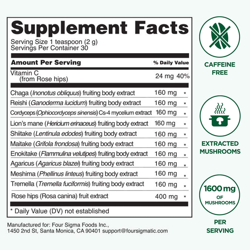 Four Sigmatic 10 Mushroom Blend - Lions Mane, Reishi, Chaga, Cordyceps, Enoki, Maitake, Shiitake, Tremella, Meshima, Agaricus Blazei - Dual-Extract Superfood Mushroom Powder - 60g - 30 servings - Vitamins Emporium