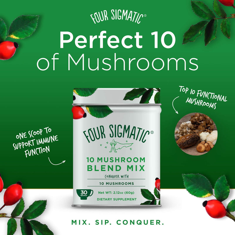 Four Sigmatic 10 Mushroom Blend - Lions Mane, Reishi, Chaga, Cordyceps, Enoki, Maitake, Shiitake, Tremella, Meshima, Agaricus Blazei - Dual-Extract Superfood Mushroom Powder - 60g - 30 servings - Vitamins Emporium