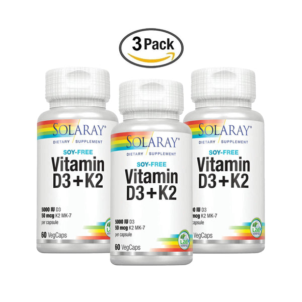 Solaray® Vitamin D3 + K2 | D & K Vitamins for Calcium Absorption and Support for Healthy Cardiovascular System & Arteries | Non-GMO & Soy-Free | 60 Ct  3- pack - Vitamins Emporium