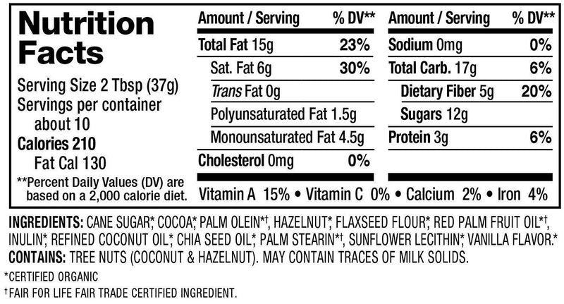 Nutiva Certified Organic, non-GMO, Vegan Hazelnut Spread with Cocoa, Chia and Flaxseed, Classic Chocolate, 13-ounces - Vitamins Emporium