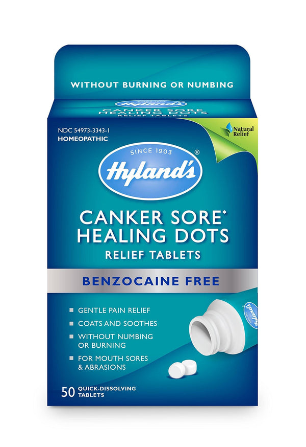 Canker Sore Relief Treatment by Hyland's, Quick Dissolving, Fast Natural Pain Relief of Mouth Ulcers and Oral Irritation, Healing Dots Tablets, 50 Count - Vitamins Emporium