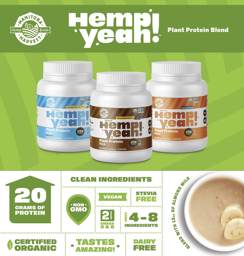 Manitoba Harvest Hemp Yeah! Organic Plant-Based Protein Powder, Unsweetened, 16oz; with 20g of Protein, 2g of Fiber & 2g Omegas 3&6 Per Serving, Preservative Free, Non-GMO - Vitamins Emporium