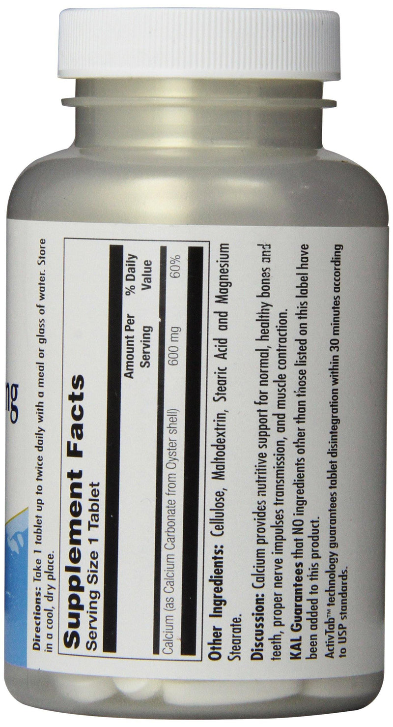 KAL Calcium Oyster Shell Tablets, 600 mg, 100 Count - Vitamins Emporium