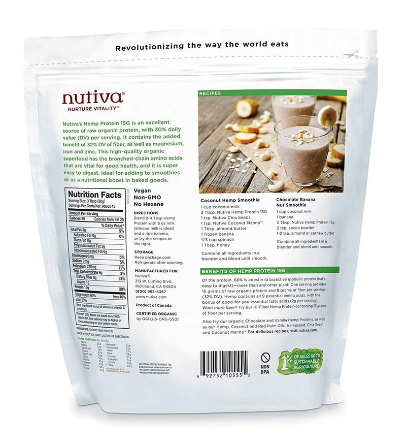 Nutiva Organic, Cold-Processed Hemp Protein from non-GMO, Sustainably Farmed Canadian Hempseed, 15 G, 3-Pound Bag - Vitamins Emporium